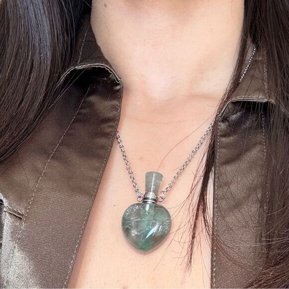 Heart fluorite perfume bottle necklace pendant purple silver necklace - Picture 2 of 3